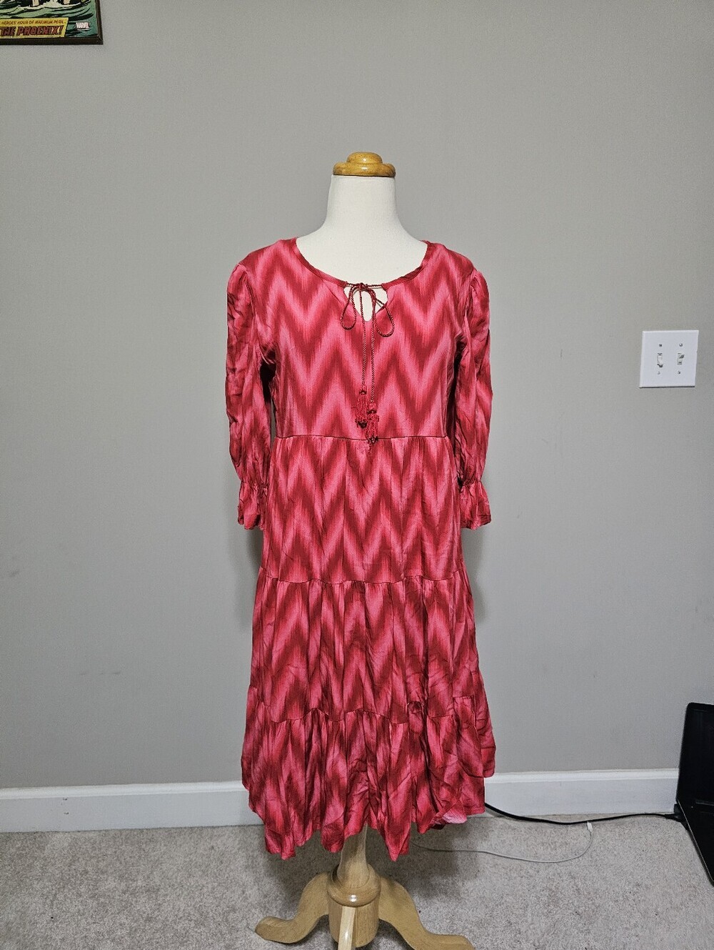 Indigo Soul Red Chevron Tiered Boho Midi Dress Small